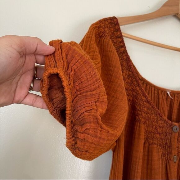 Free People Sunday Stroll Maxi Dress smocked oversized Small Burnt Clay Combo - Picture 6 of 14